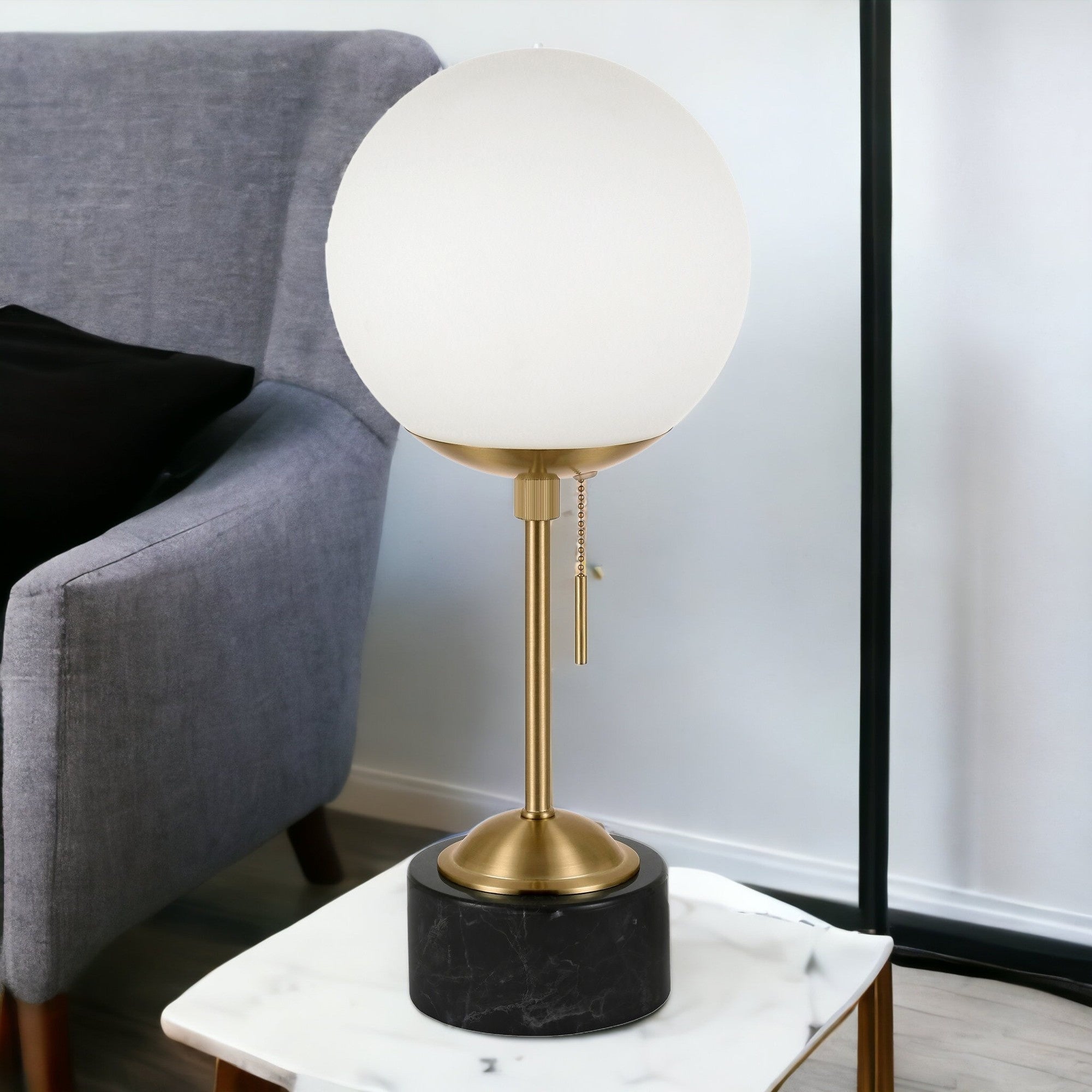 18 Black and Gold Marble Globe Table Lamp With White Globe Shade