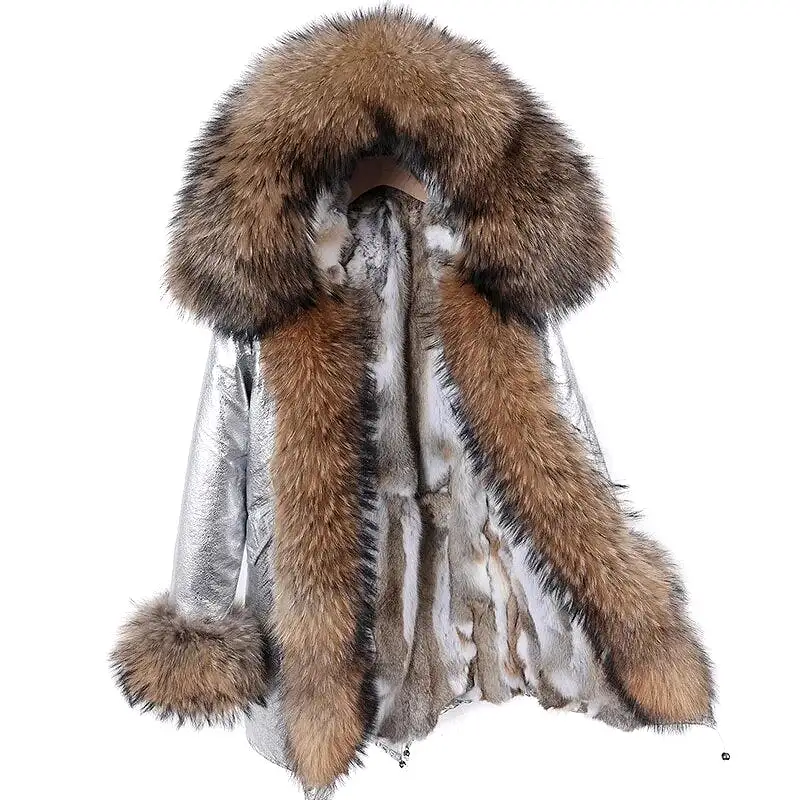 2023 Real Natural Raccoon Big Fox Fur Collar Parkas Long Female Winter Rabbit Lining Inner Jacket Fur Coat Outerwear