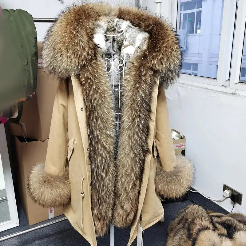 2023 Real Natural Raccoon Big Fox Fur Collar Parkas Long Female Winter Rabbit Lining Inner Jacket Fur Coat Outerwear