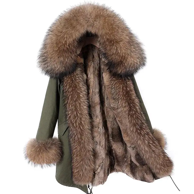 2023 Real Natural Raccoon Big Fox Fur Collar Parkas Long Female Winter Rabbit Lining Inner Jacket Fur Coat Outerwear