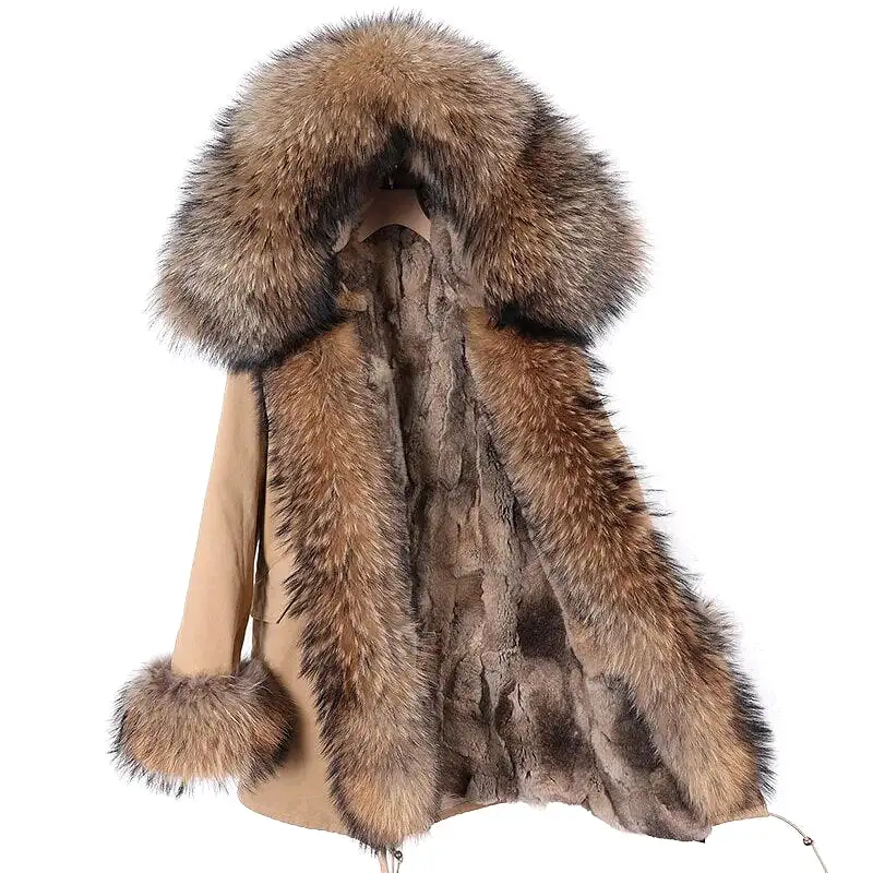 2023 Real Natural Raccoon Big Fox Fur Collar Parkas Long Female Winter Rabbit Lining Inner Jacket Fur Coat Outerwear