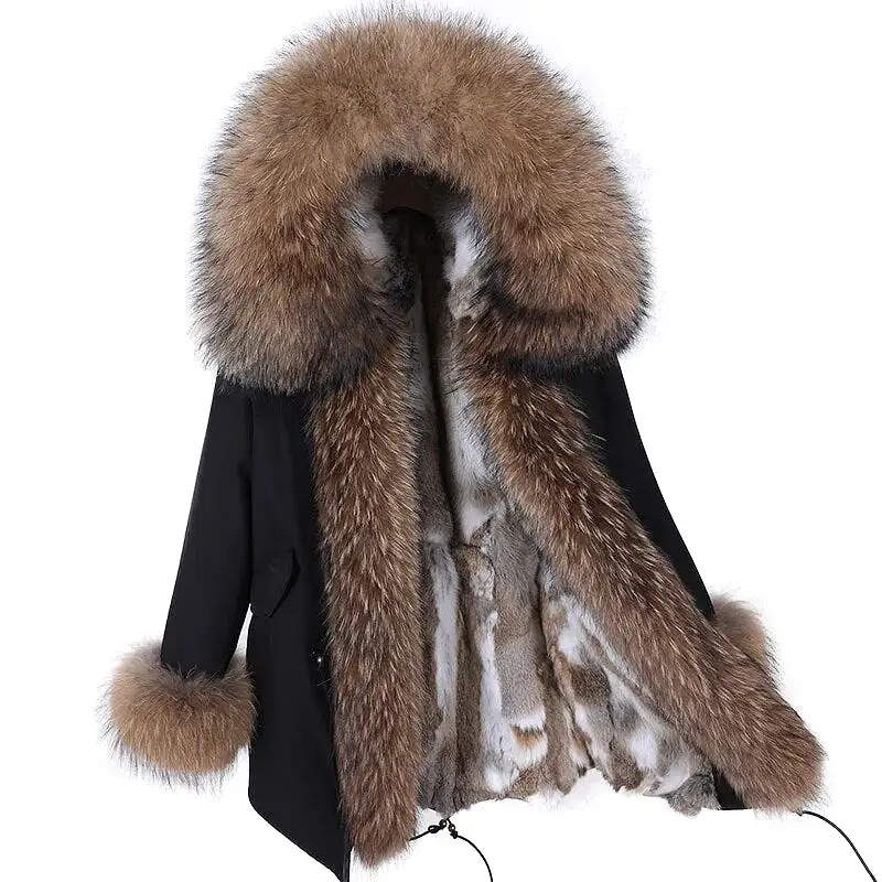 2023 Real Natural Raccoon Big Fox Fur Collar Parkas Long Female Winter Rabbit Lining Inner Jacket Fur Coat Outerwear