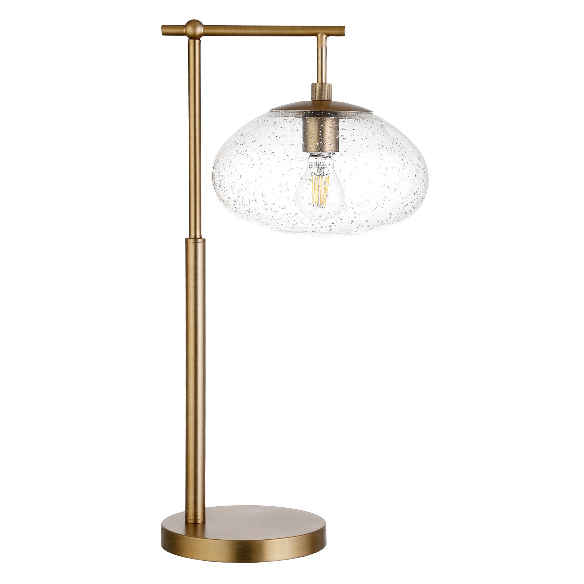 25 Brass Metal Arched Table Lamp With Clear Seeded Globe Shade