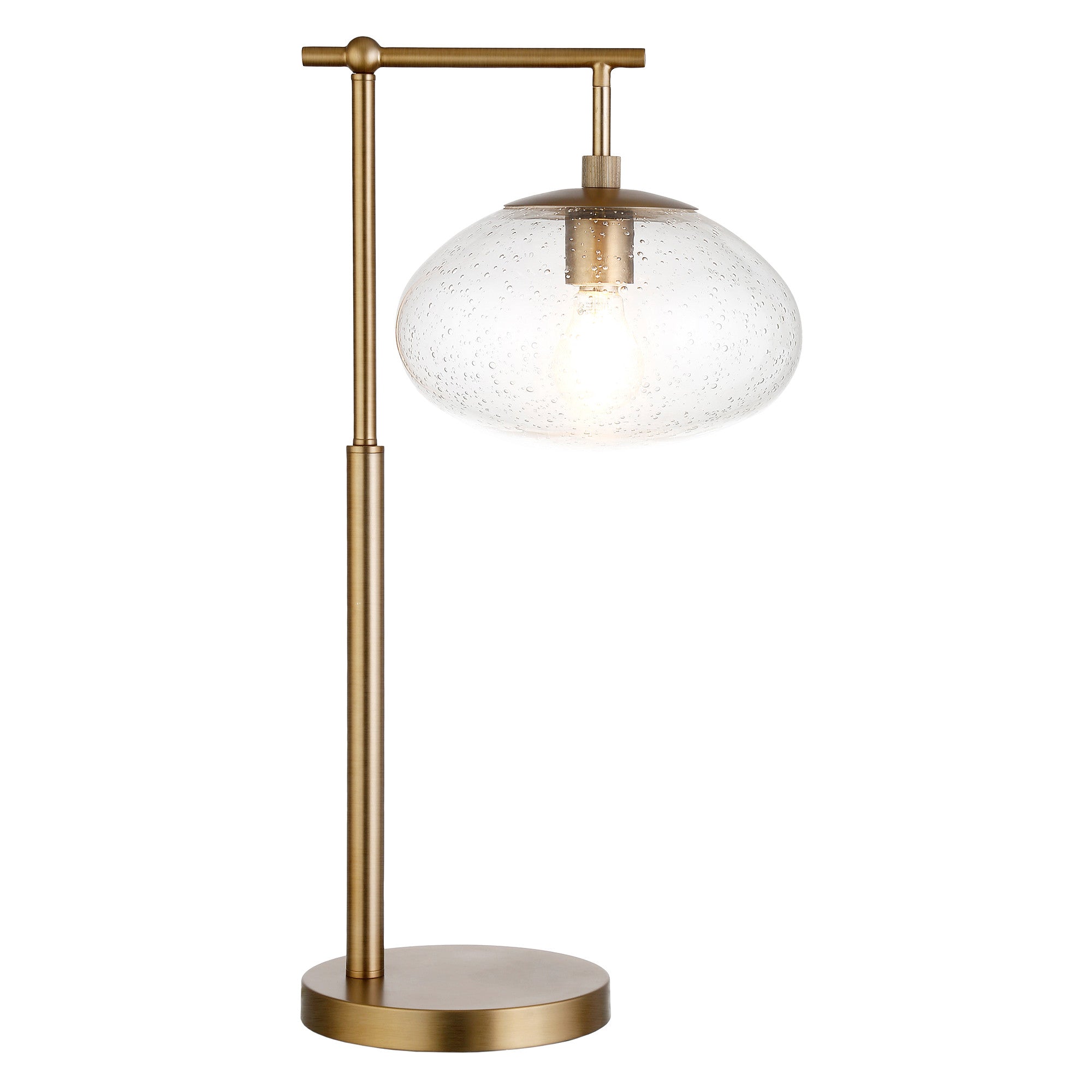 25 Brass Metal Arched Table Lamp With Clear Seeded Globe Shade