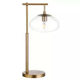 25 Brass Metal Arched Table Lamp With Clear Seeded Globe Shade