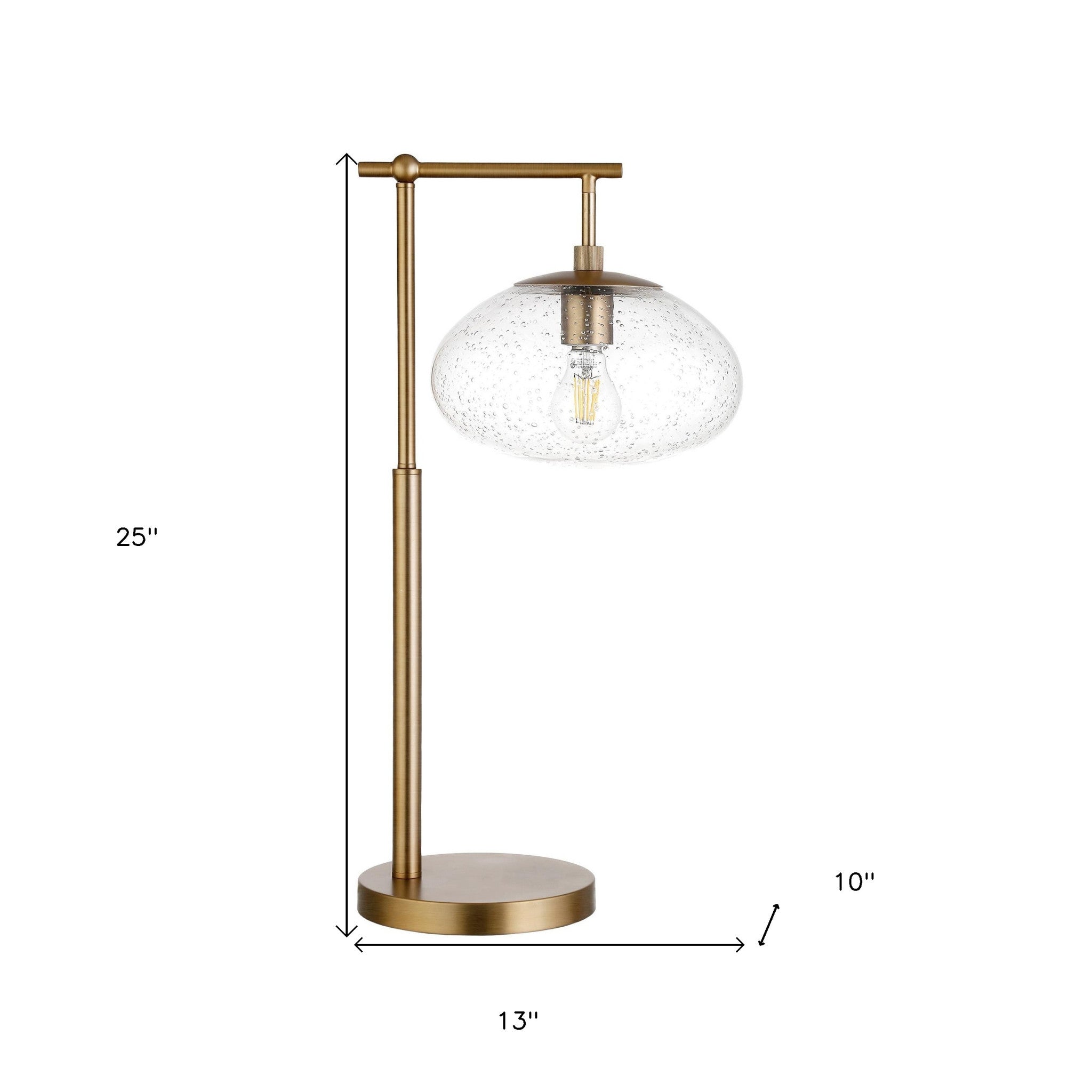 25 Brass Metal Arched Table Lamp With Clear Seeded Globe Shade