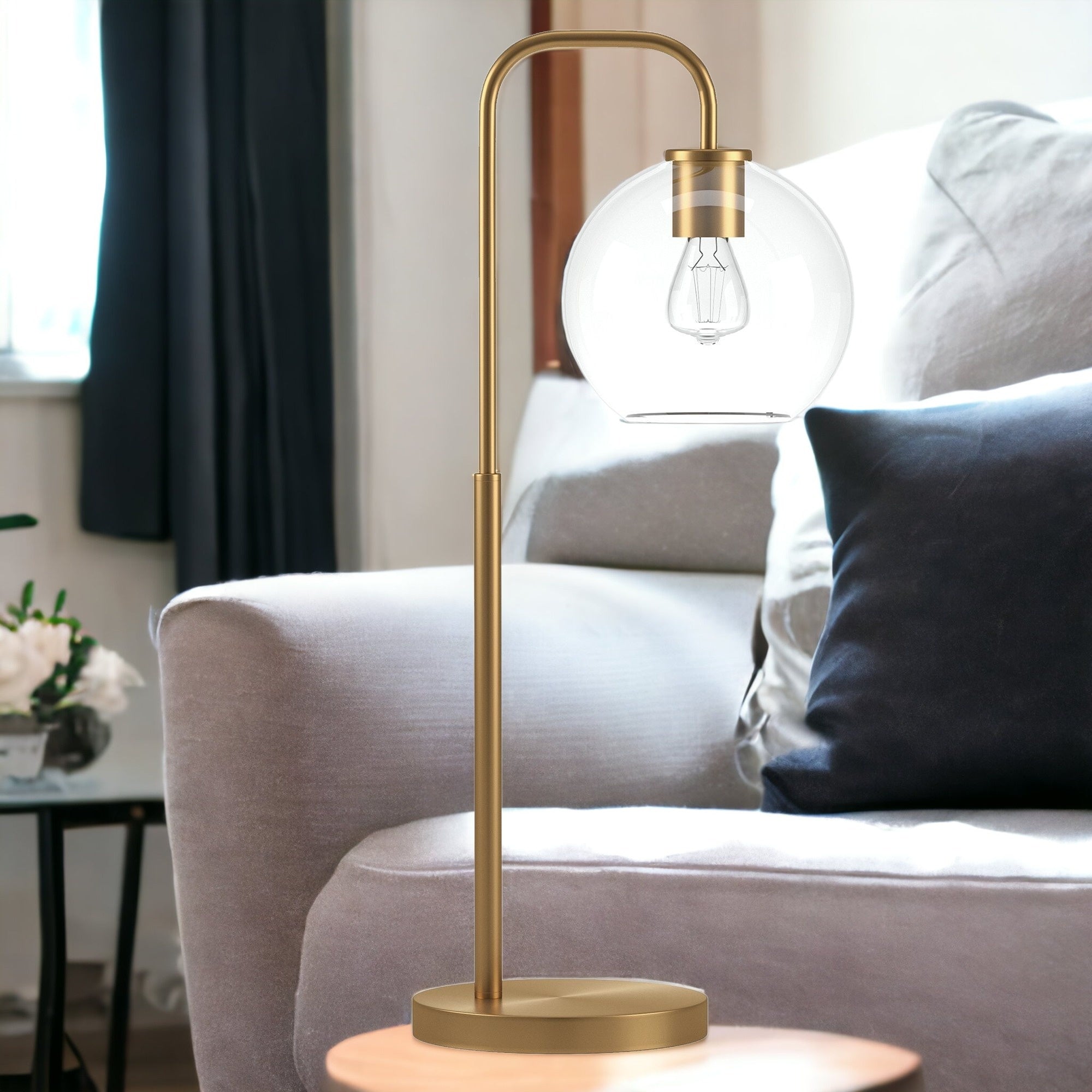 27 Brass Metal Arched Table Lamp With Clear Globe Shade