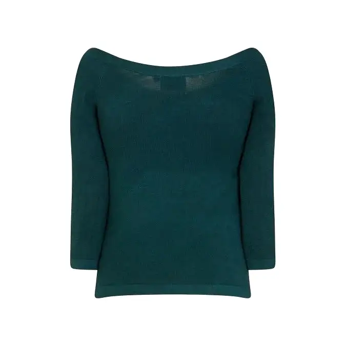 3/4 Sleeve Bottle Green Stretch Bardot Bow Top Jumper