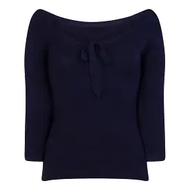 3/4 Sleeve Midnight Blue Stretch Bardot Bow Top Jumper