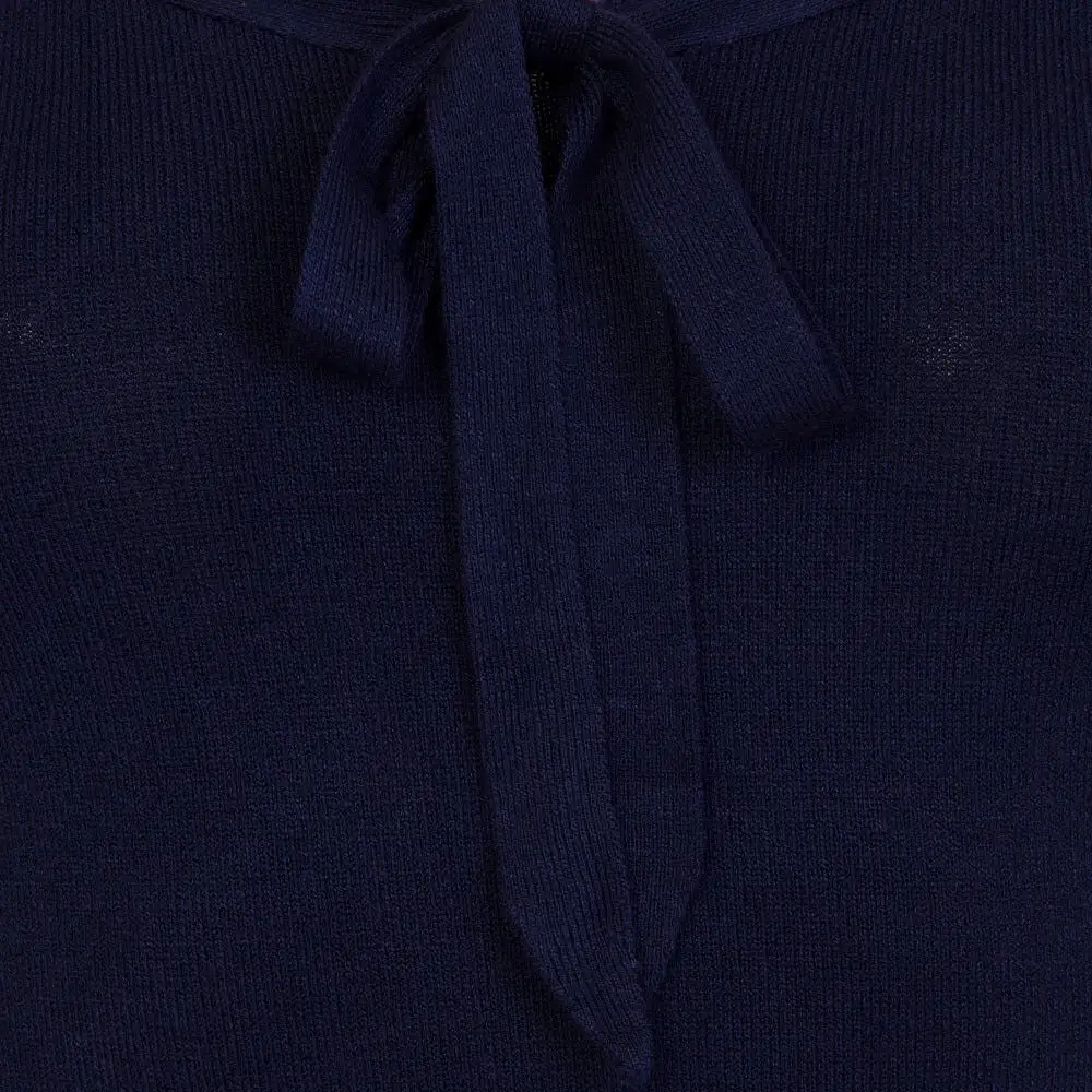 3/4 Sleeve Midnight Blue Stretch Bardot Bow Top Jumper