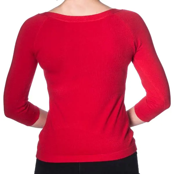 3/4 Sleeve Red Stretch Bardot Bow Top Jumper