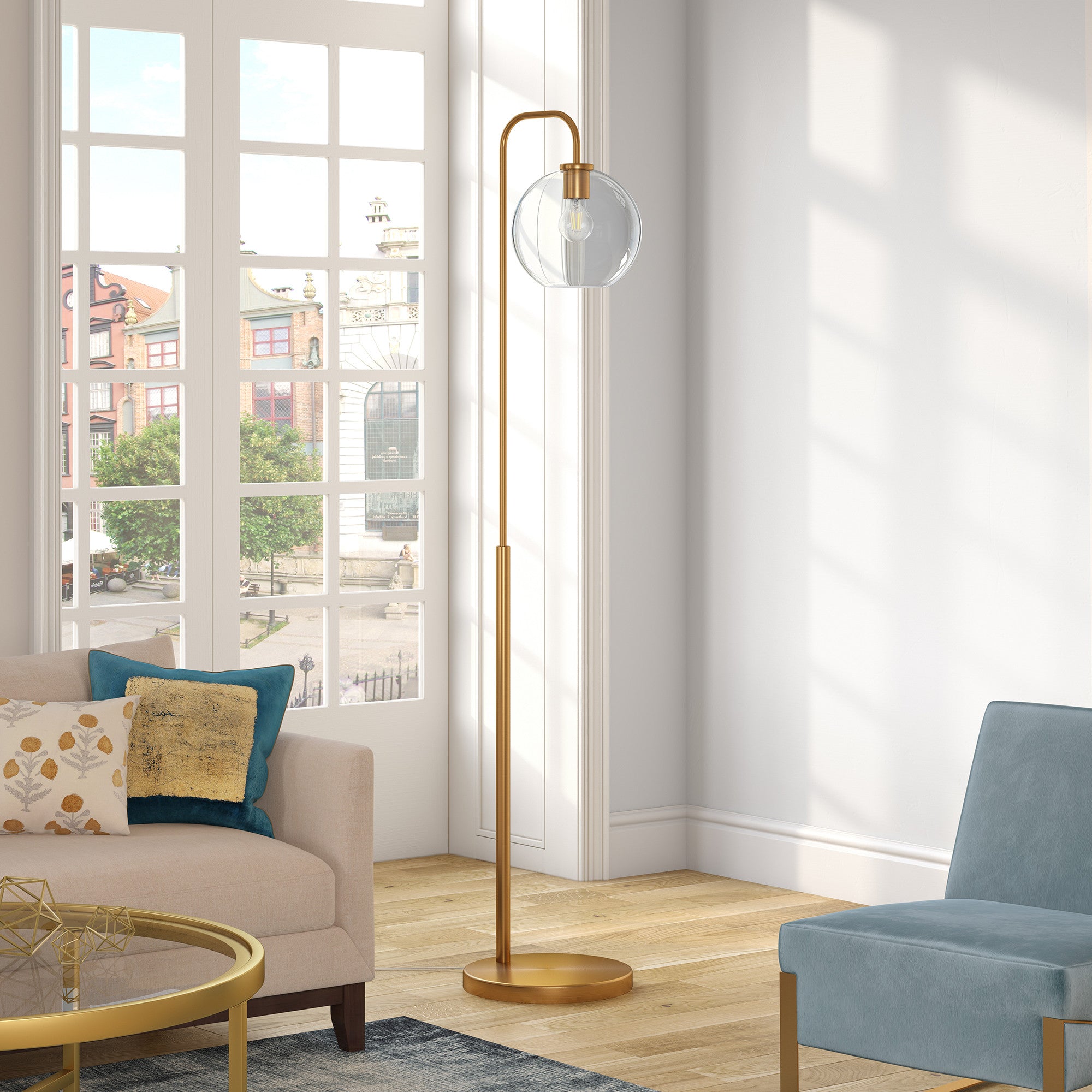 62 Brass Arched Floor Lamp With Clear Transparent Glass Globe Shade