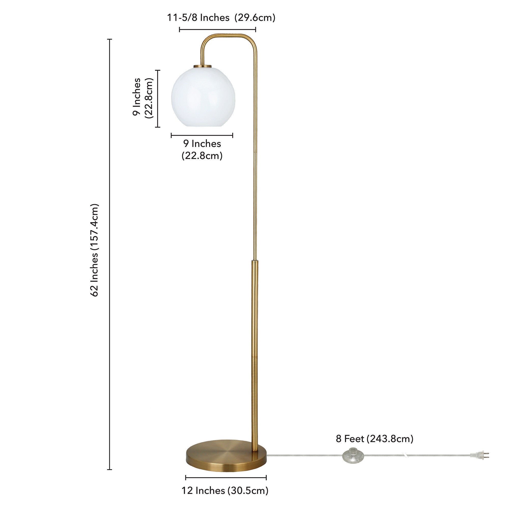 62 Brass Arched Floor Lamp With White Frosted Glass Globe Shade