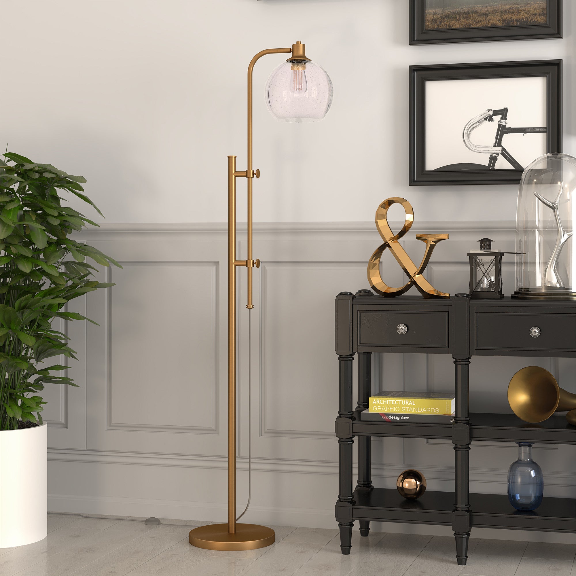 68 Brass Adjustable Reading Floor Lamp With Clear Seeded Glass Globe Shade