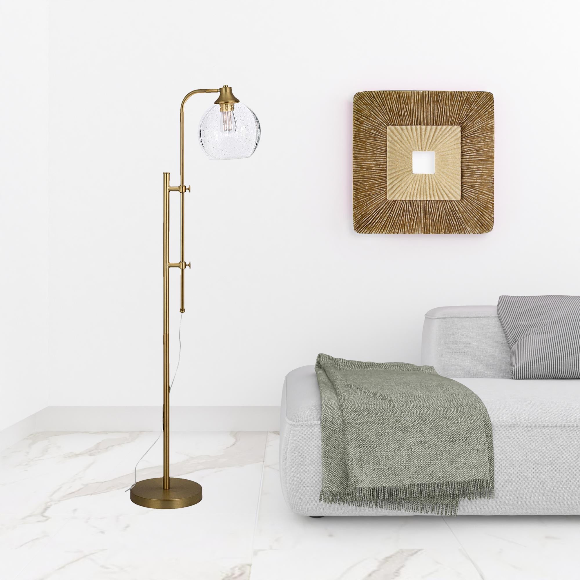 68 Brass Adjustable Reading Floor Lamp With Clear Seeded Glass Globe Shade