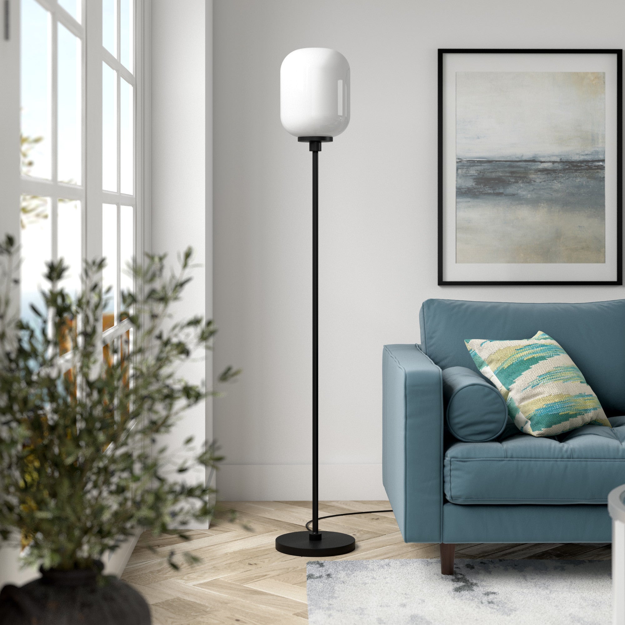 69 Black Novelty Floor Lamp With White Frosted Glass Globe Shade