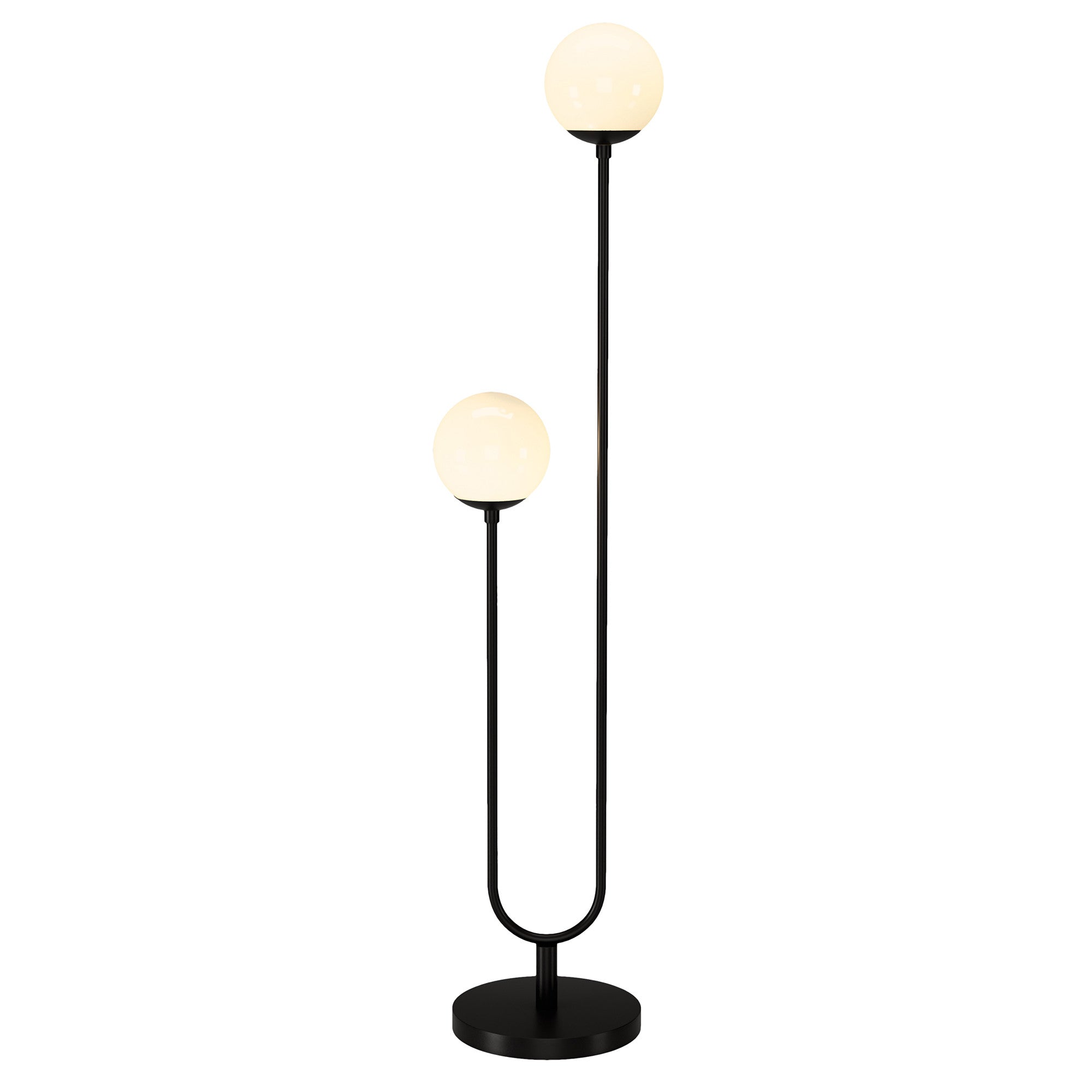 69 Black Two Light Novelty Floor Lamp With White Frosted Glass Globe Shade