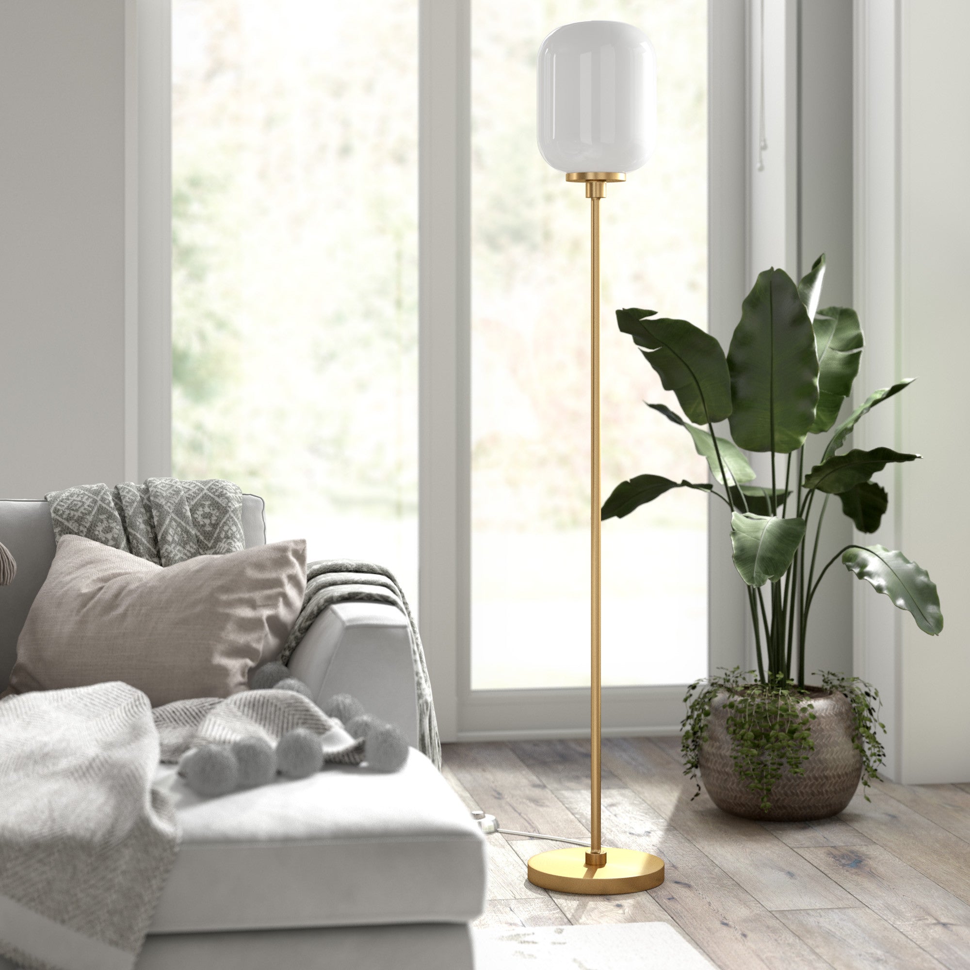 69 Brass Novelty Floor Lamp With White Frosted Glass Globe Shade