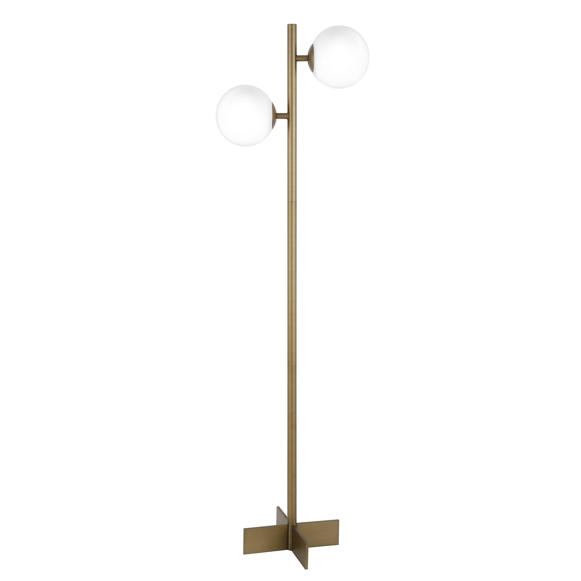 70 Brass Two Light Tree Floor Lamp With White Frosted Glass Globe Shade