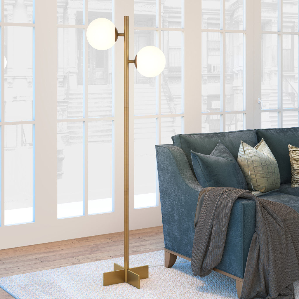 70 Brass Two Light Tree Floor Lamp With White Frosted Glass Globe Shade