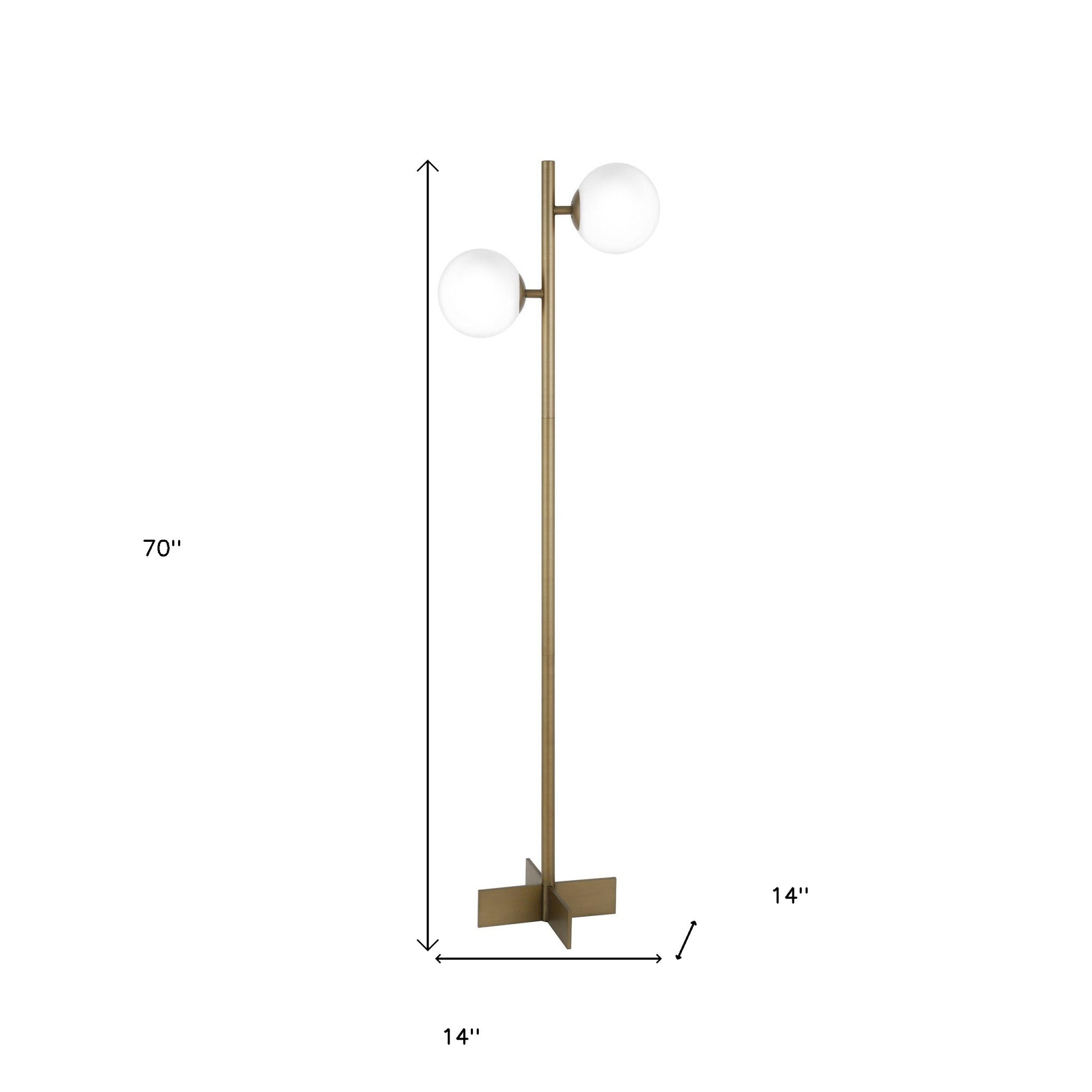 70 Brass Two Light Tree Floor Lamp With White Frosted Glass Globe Shade