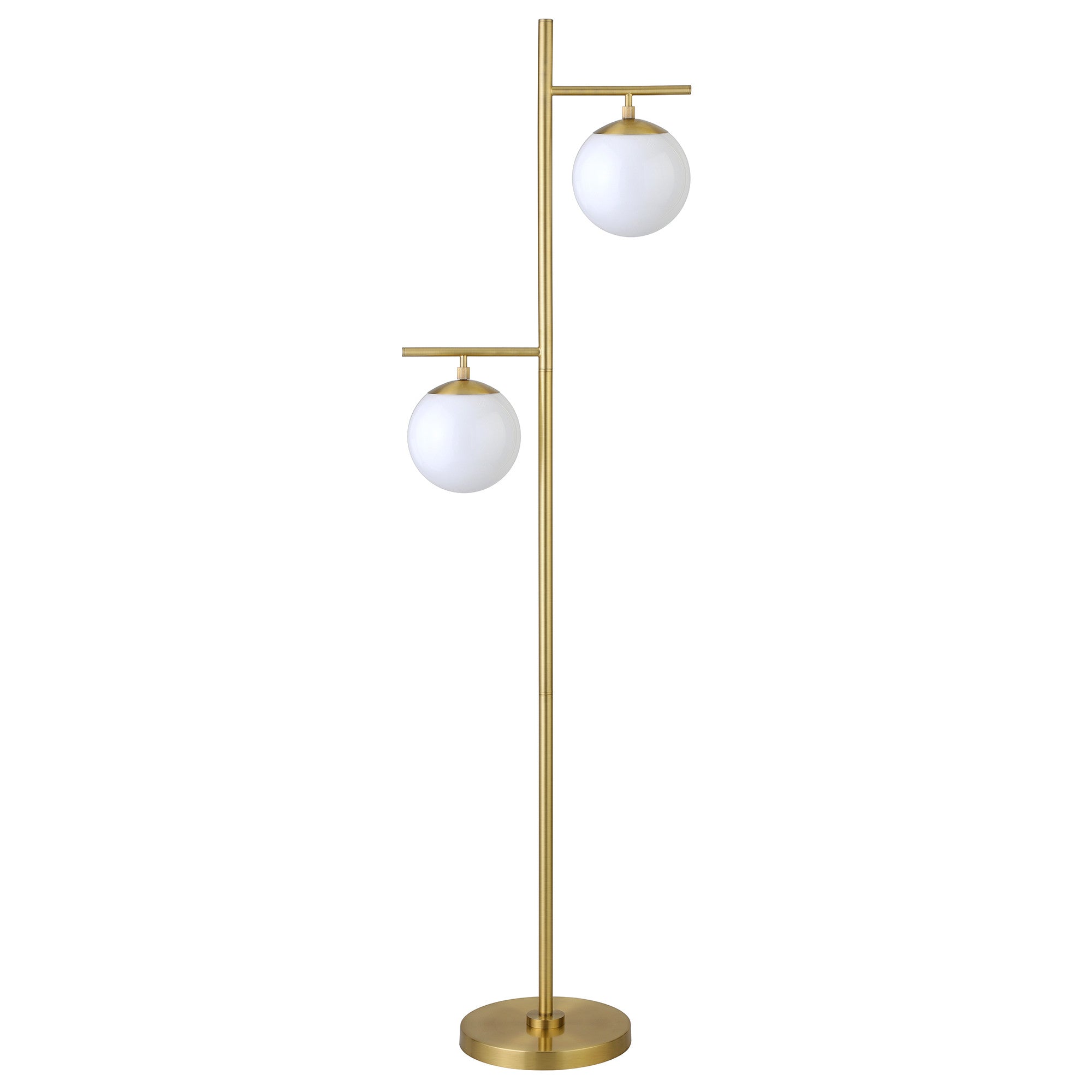 71 Brass Two Light Tree Floor Lamp With White Frosted Glass Globe Shade