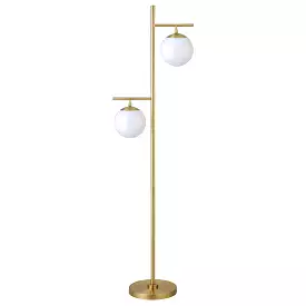 71 Brass Two Light Tree Floor Lamp With White Frosted Glass Globe Shade