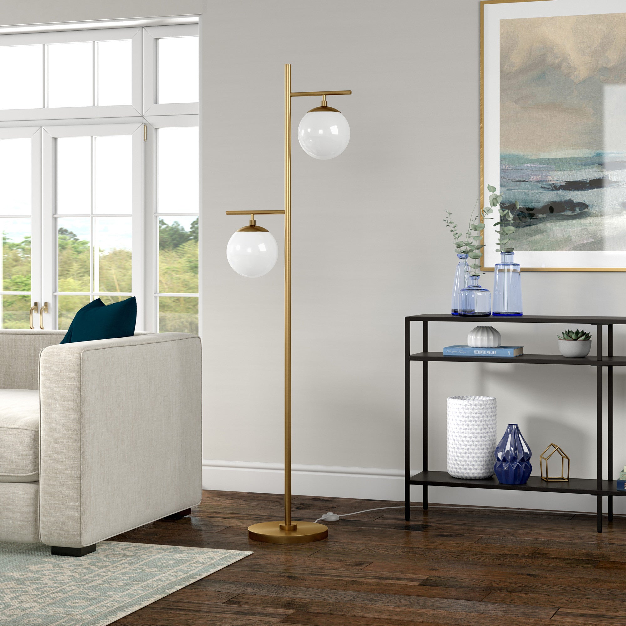 71 Brass Two Light Tree Floor Lamp With White Frosted Glass Globe Shade