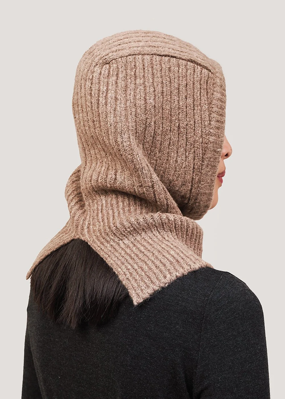 Beige Ribbed Knit Balaclava