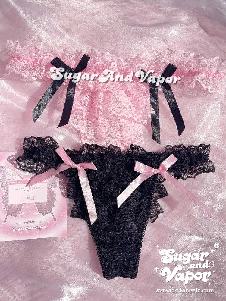 Black Pink Layered Lace Thong Panty