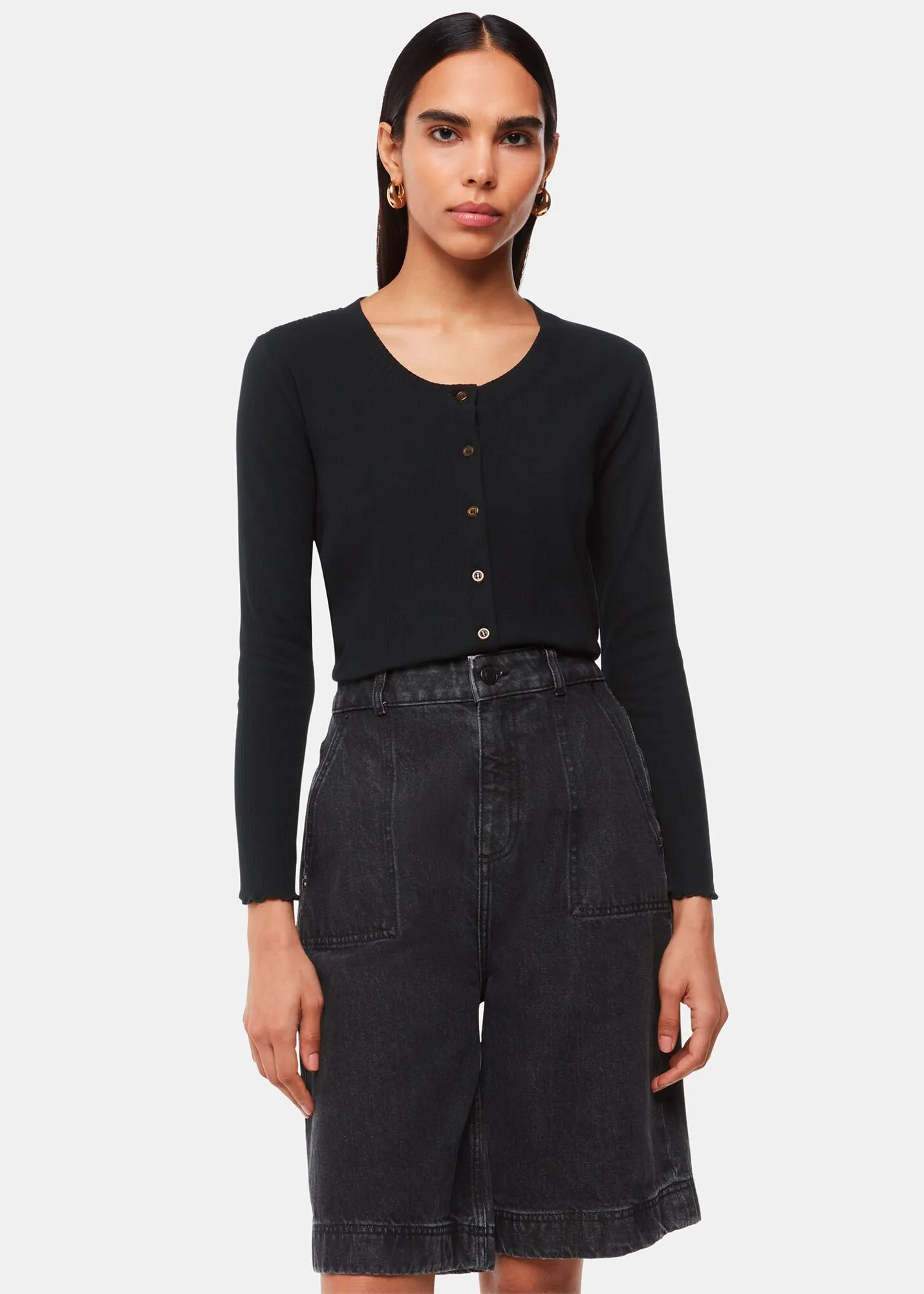 Black Ribbed Jersey Button Top