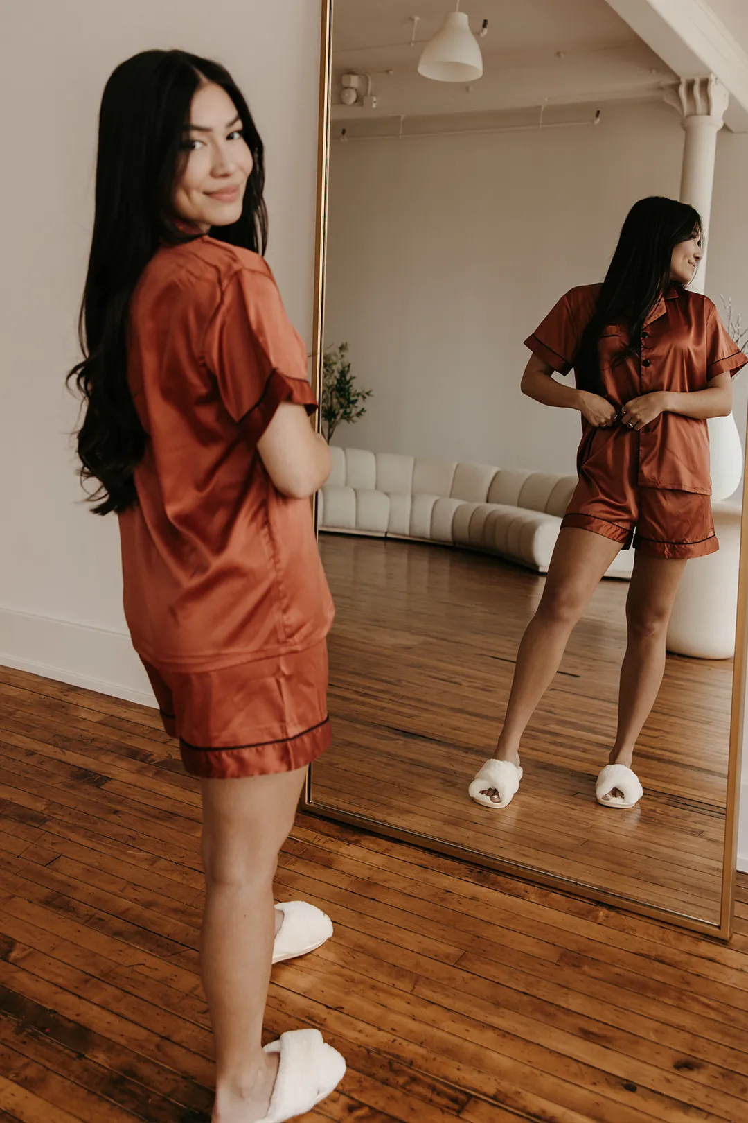 Burnt Orange Satin Pajamas Shorts Set