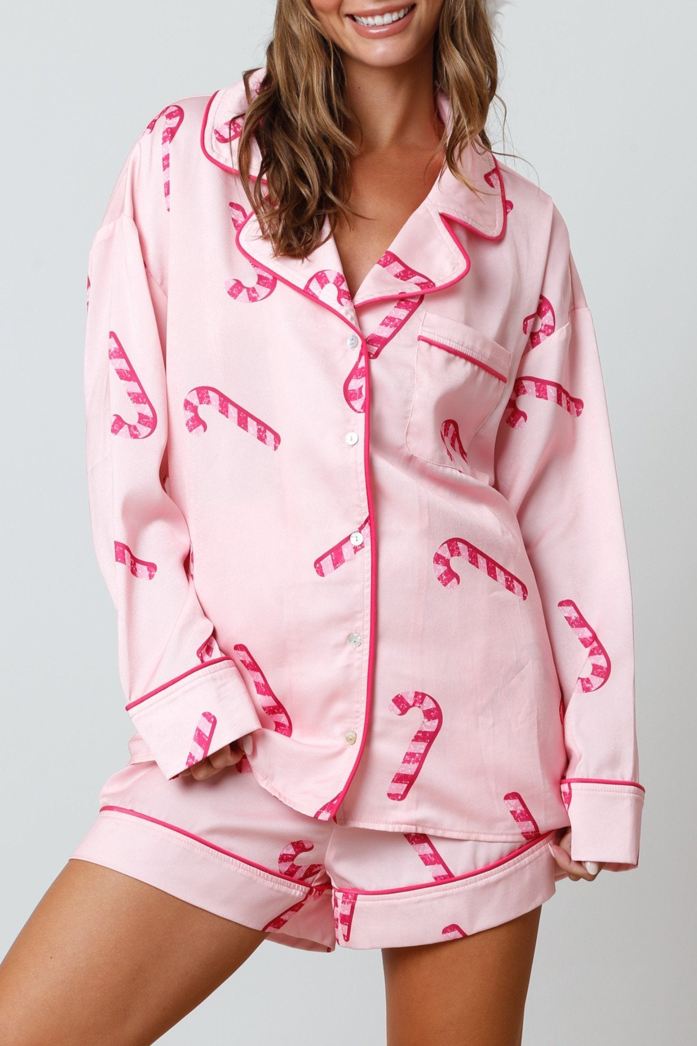 Candy Cane Satin Pajama Shirt