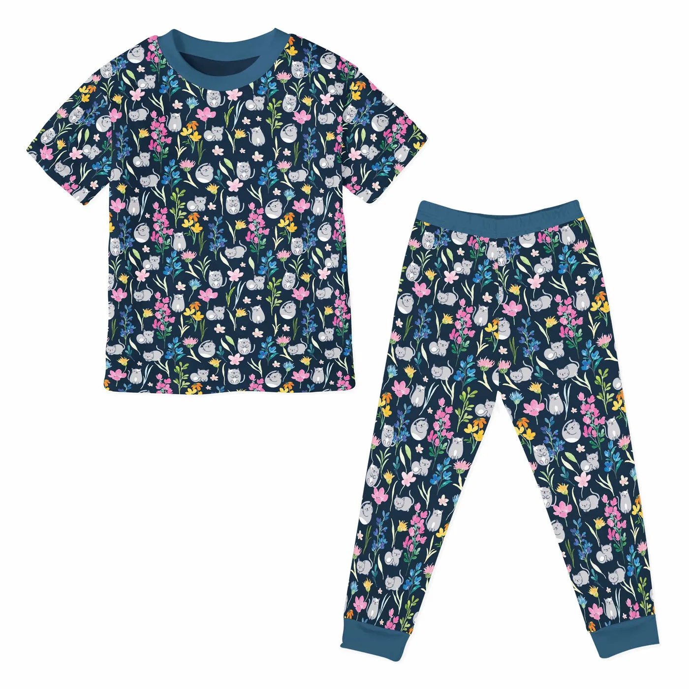 Clawed Meownet Floral Cats Two Piece Bamboo Pajamas Set *