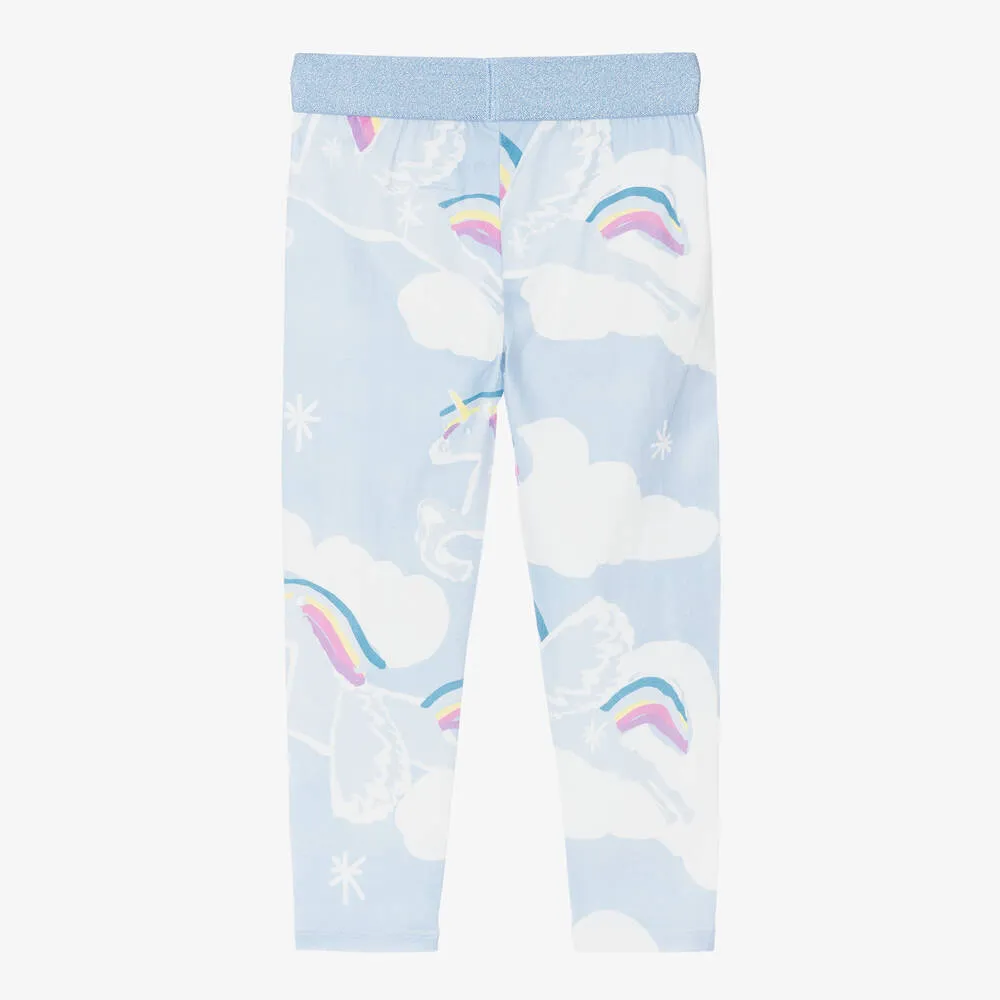 Girls Blue Cotton Flying Unicorns Leggings