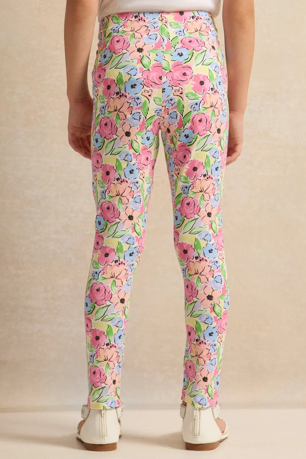 Girls White Floral Leggings