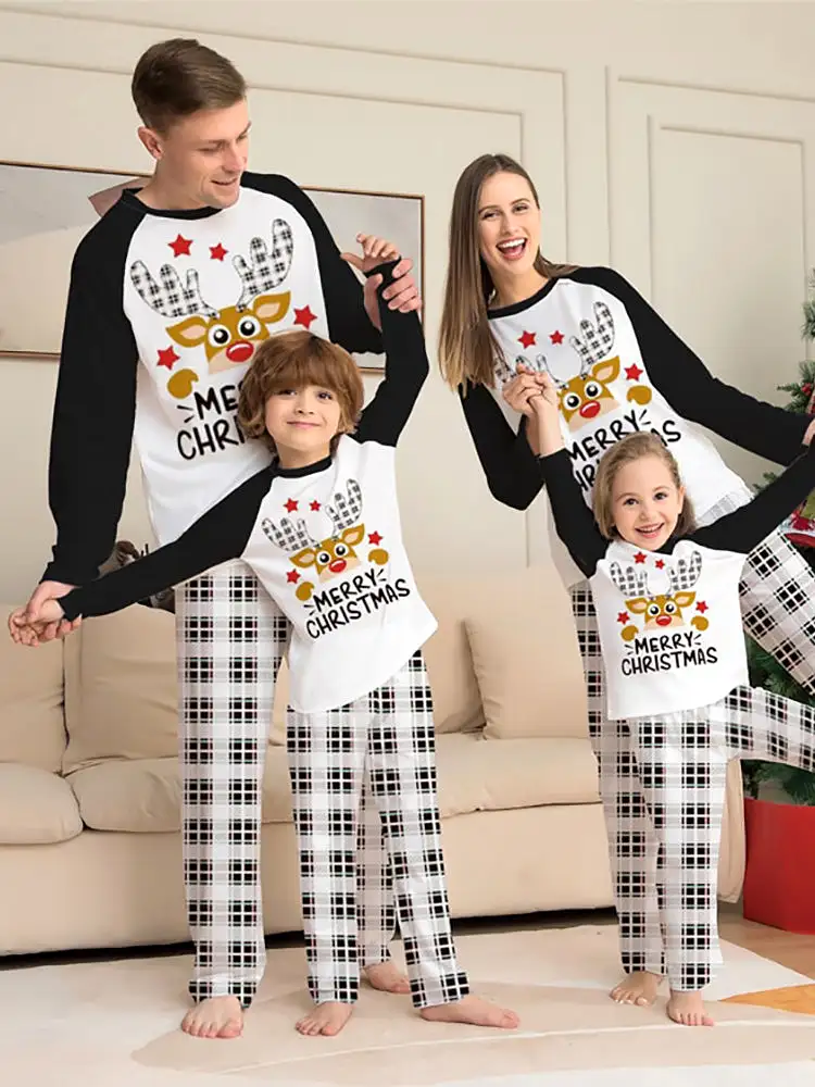 Holiday Christmas Family Matching Pajamas Set Mother Father Kids Elk Print Clothes