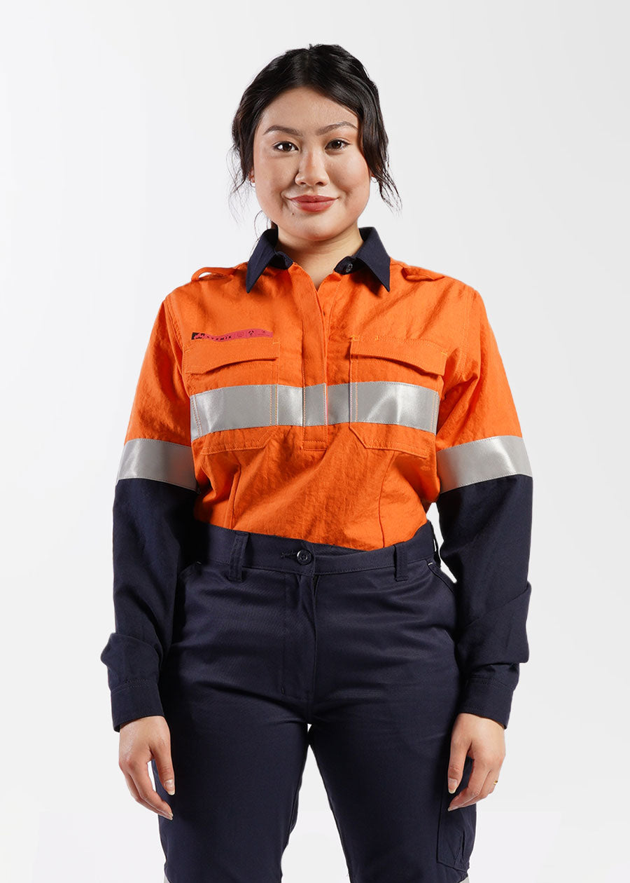 Ladies FR closed front spliced taped hi vis shirt