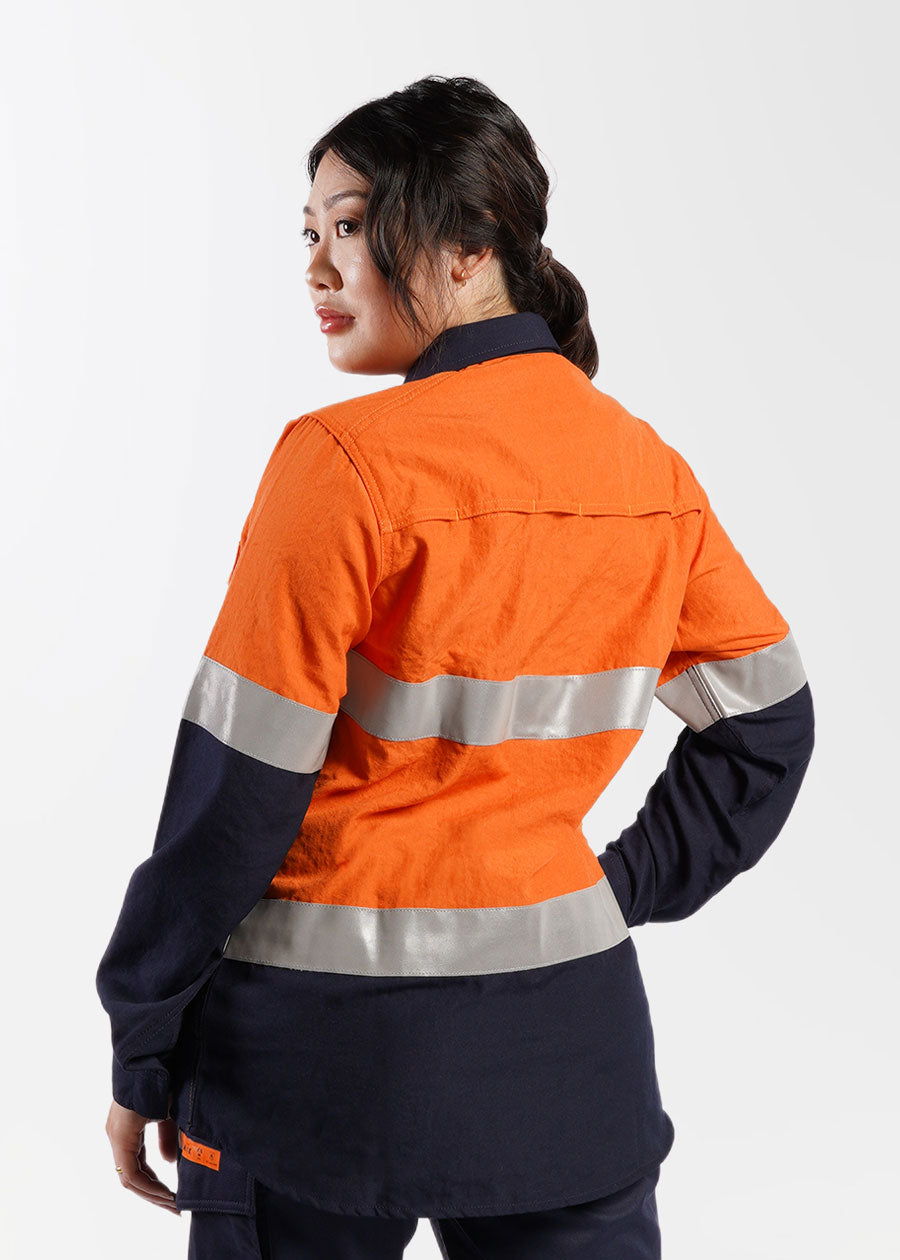 Ladies FR closed front spliced taped hi vis shirt