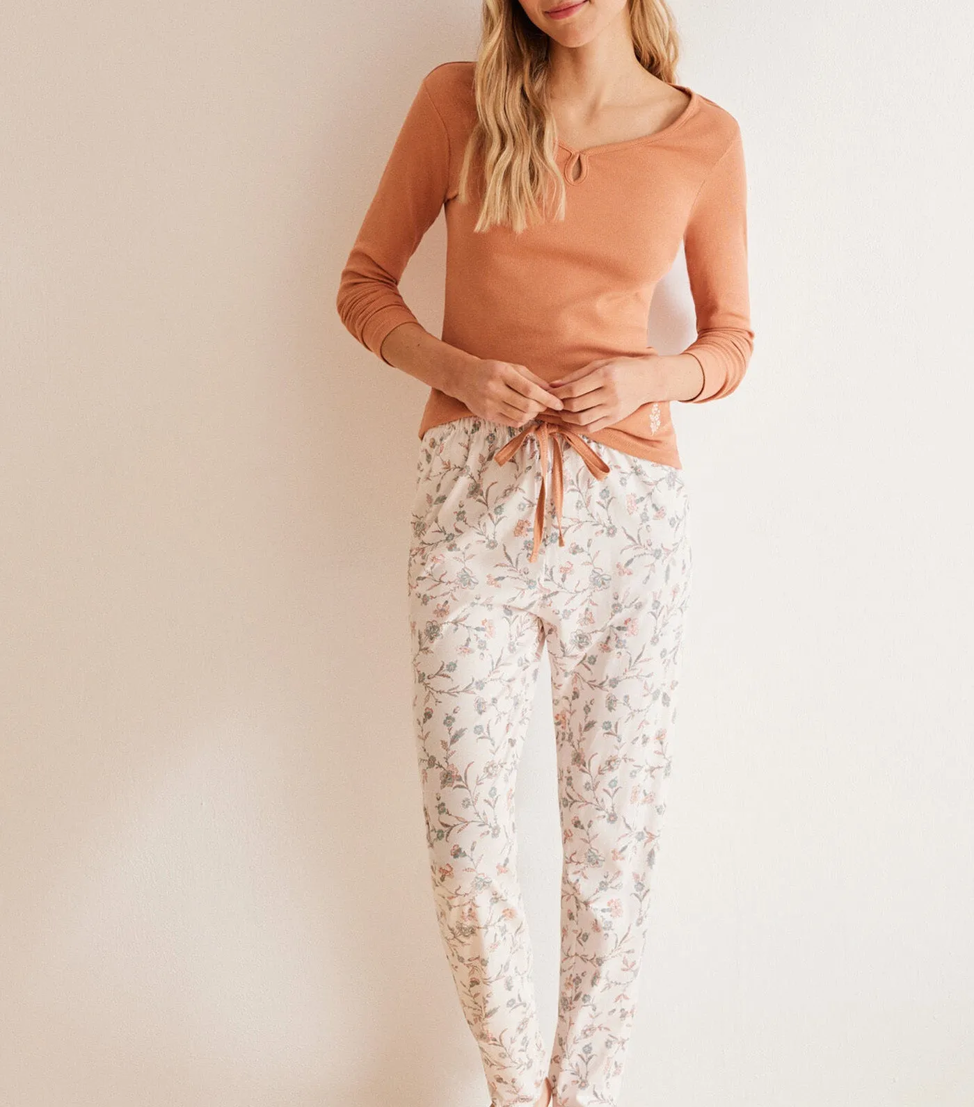 Long Cotton Floral Pajamas Orange