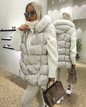 Long Fox Fur Vest With Hoodie