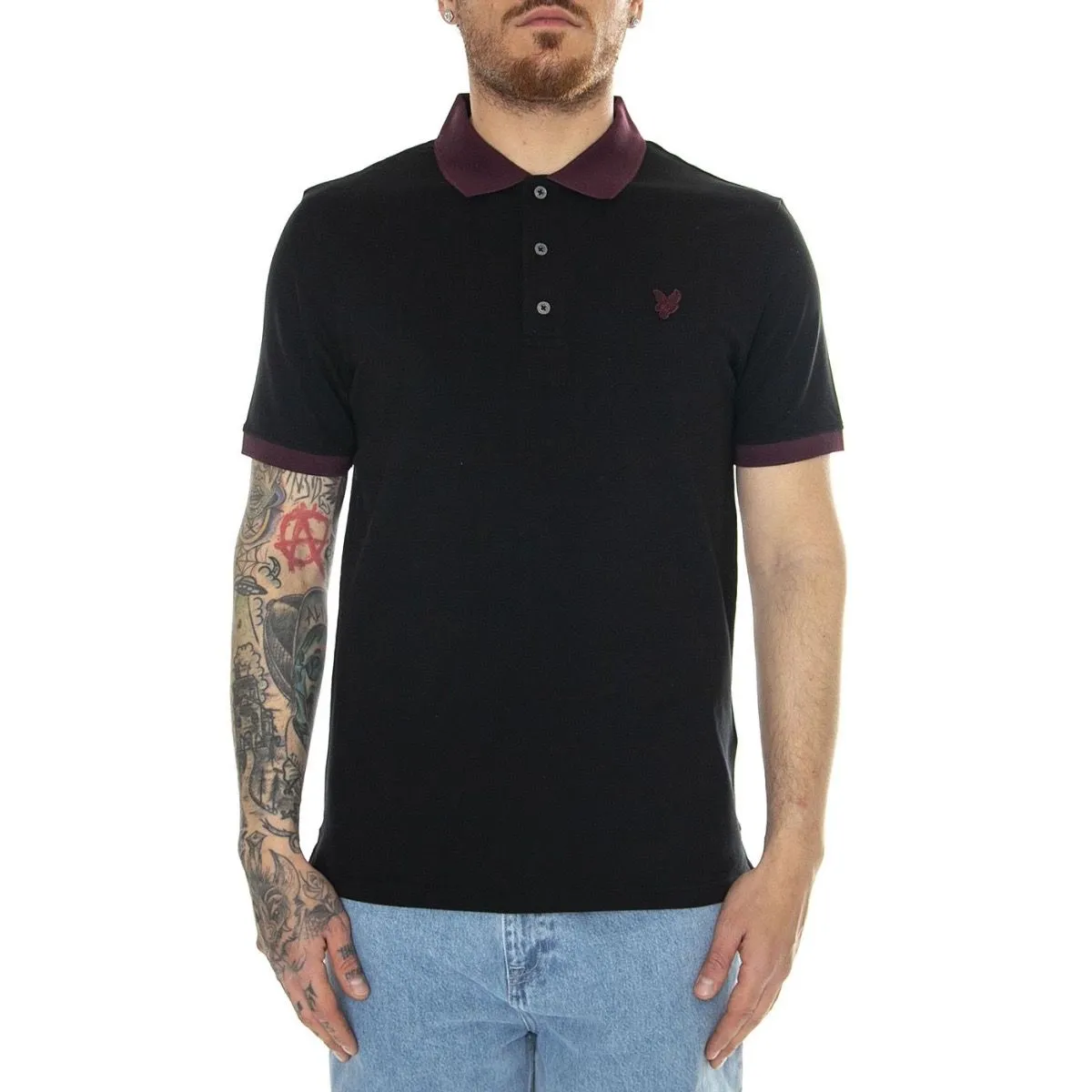 Lyle & Scott Tonal Ringer Short Sleeve Polo Shirt Jet Black/Burgundy