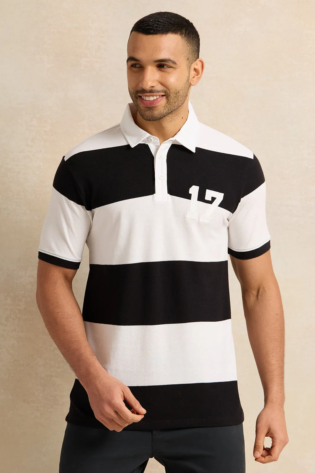 Men White And Black Striped Pique Polo Shirt