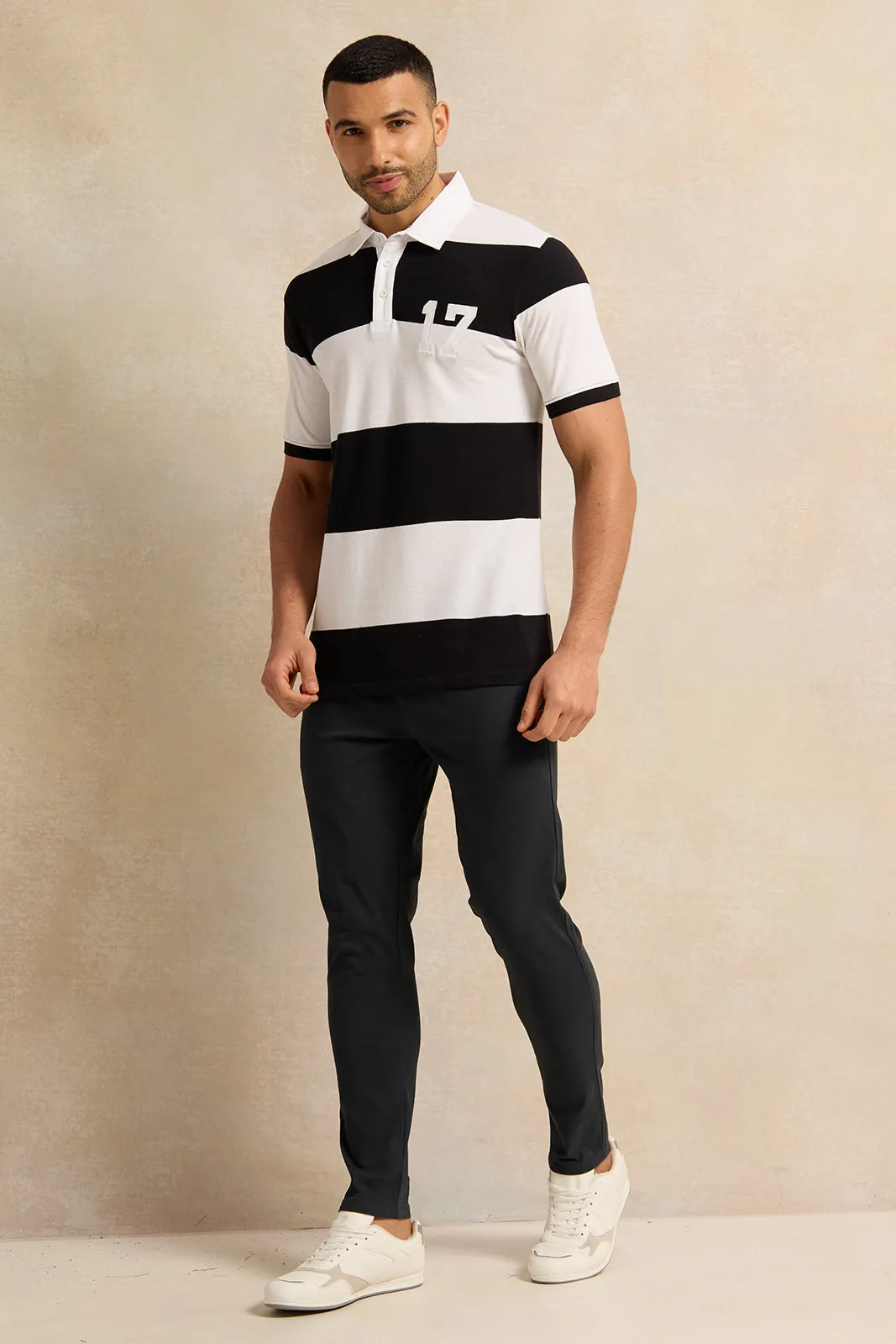 Men White And Black Striped Pique Polo Shirt