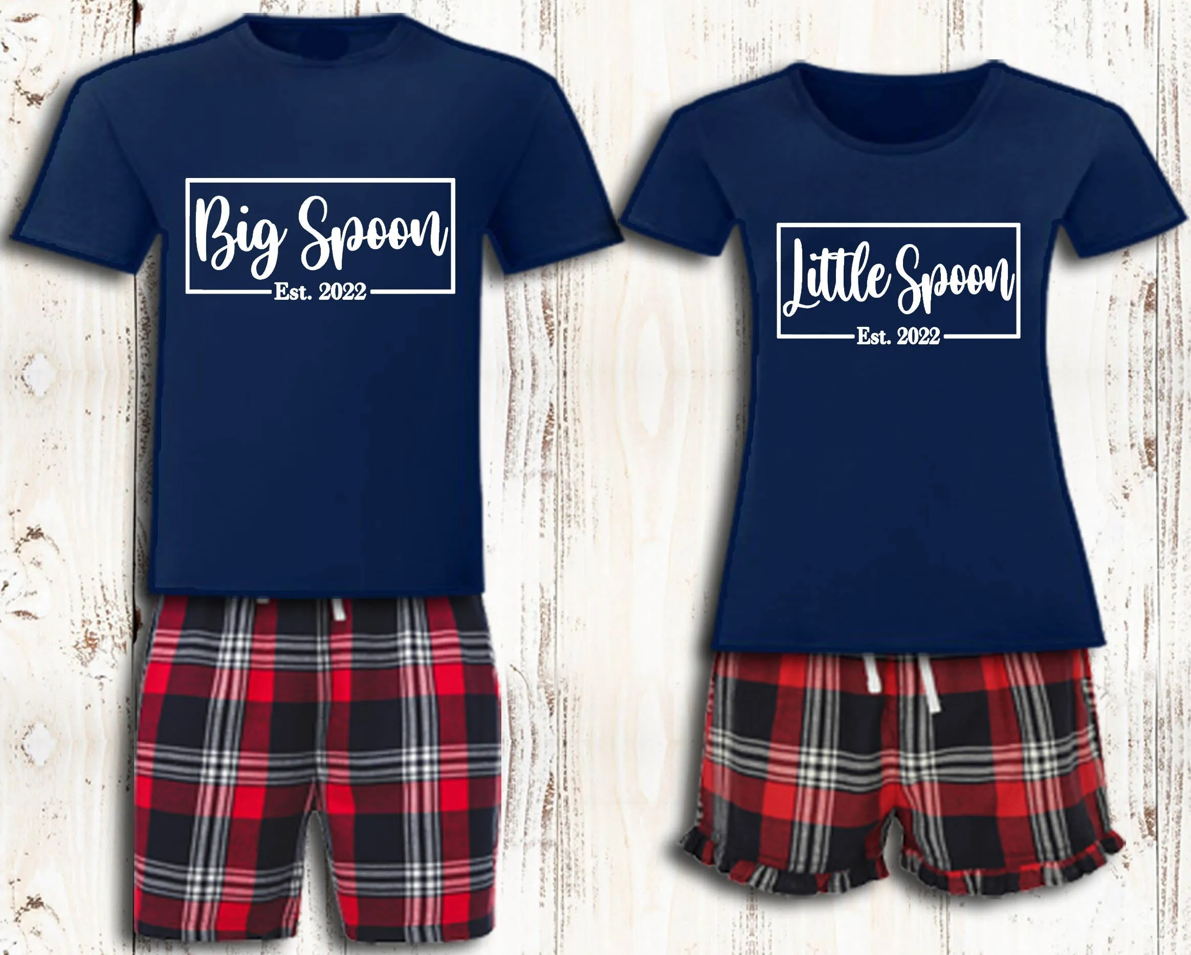 Personalised Big Spoon Little Spoon Matching Pyjamas Navy Tartan Couples Matching Pajamas