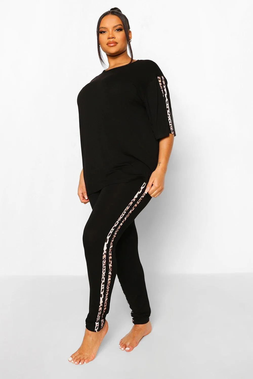 Plus Leopard Side Stripe Loungewear Set