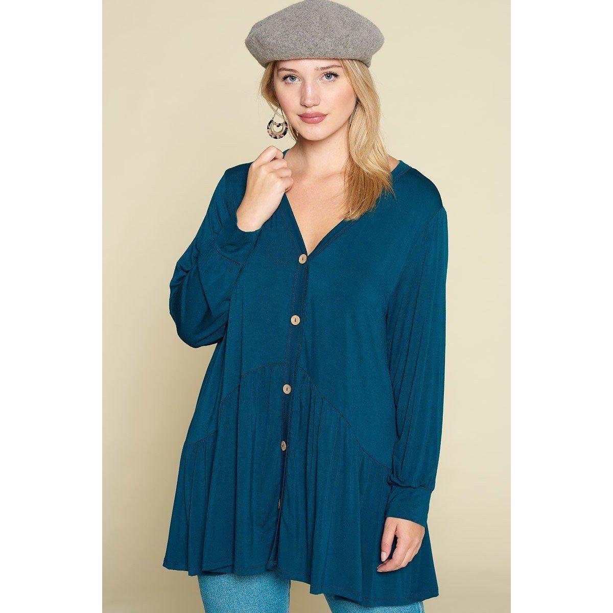 Plus Size Solid Heavy Rayon Modal Jersey Faux Button Up