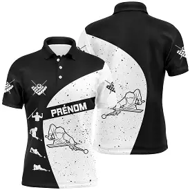 Polo Billard Personnalisé - Prénom, Motif Joueur de Billard Noir et Blanc Uniques - CT03072311