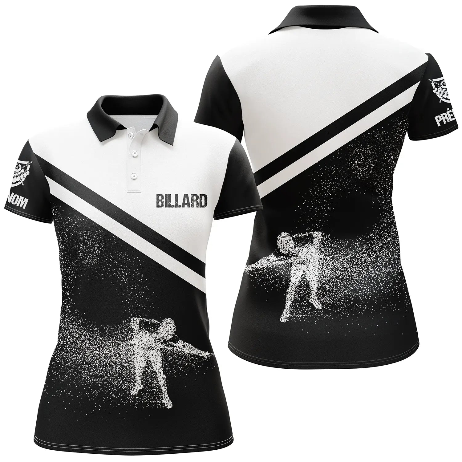 Polo de Billard Personnalisé avec Prénom, Motif Joueur de Billard Noir et Blanc Unique - CT03072312