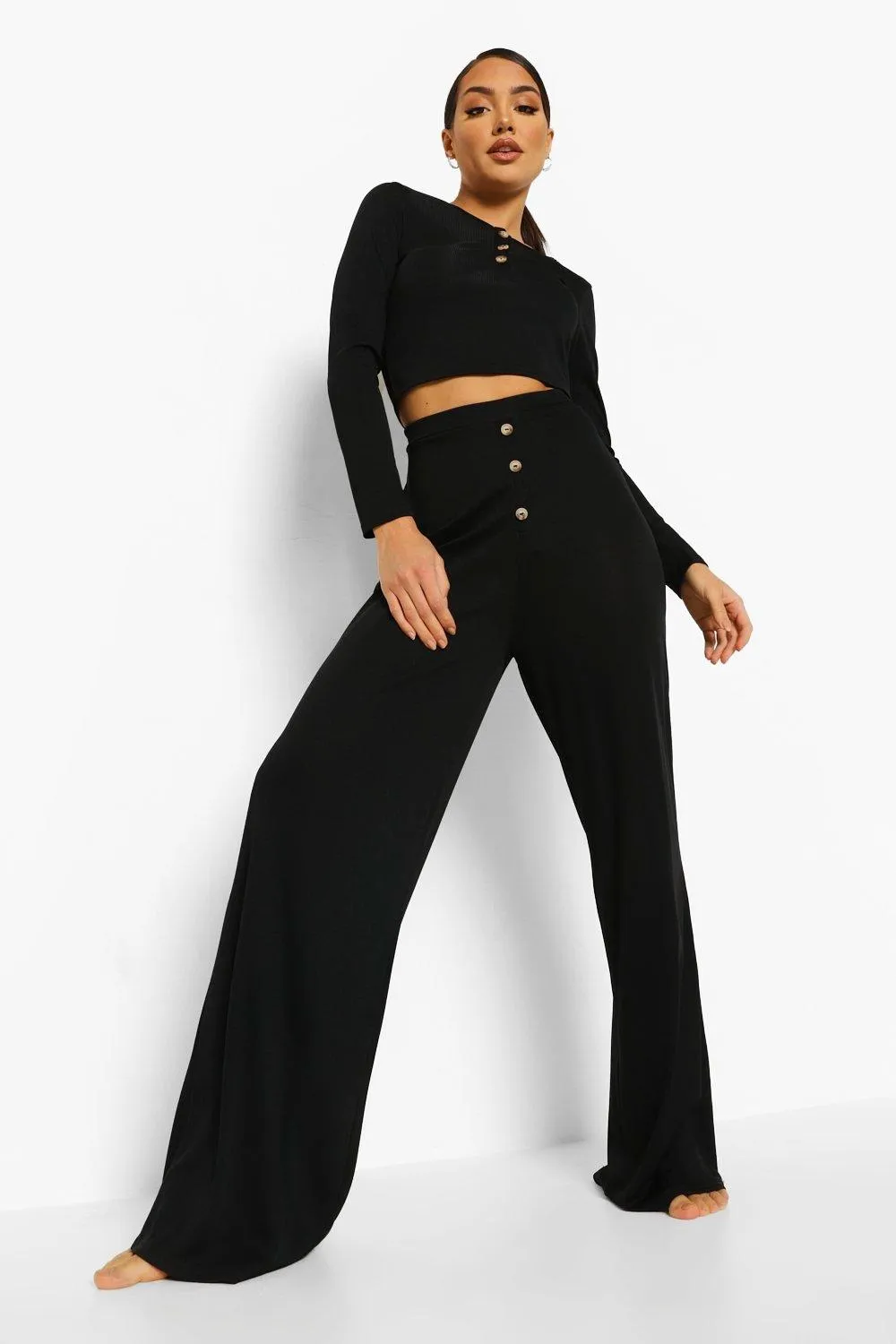 Rib Button Front Wide Leg Loungewear Set